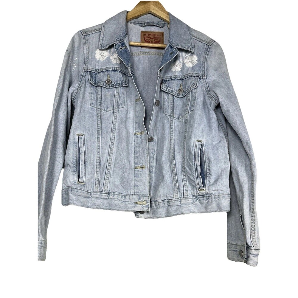 Levi’s Women’s L cotton‎ denim jacket white embroidered flowers Light Wash Blue
